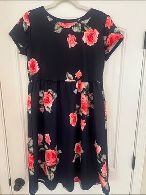 Dolce Bianca Navy Floral Midi Dress with Red/Pink Cabbage Rose Prints Sz XL